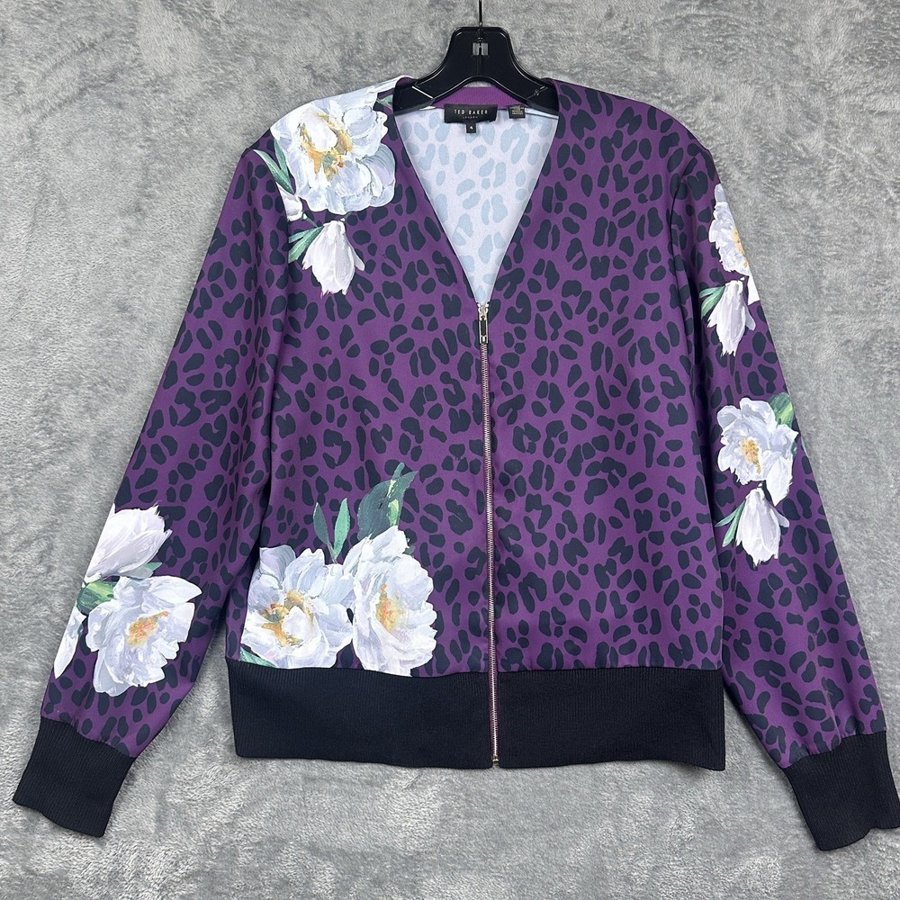 Ted Baker London Bomber Jacket Womens Size 4 Purple Magnolia Flower Animal Print - Picture 7 of 15